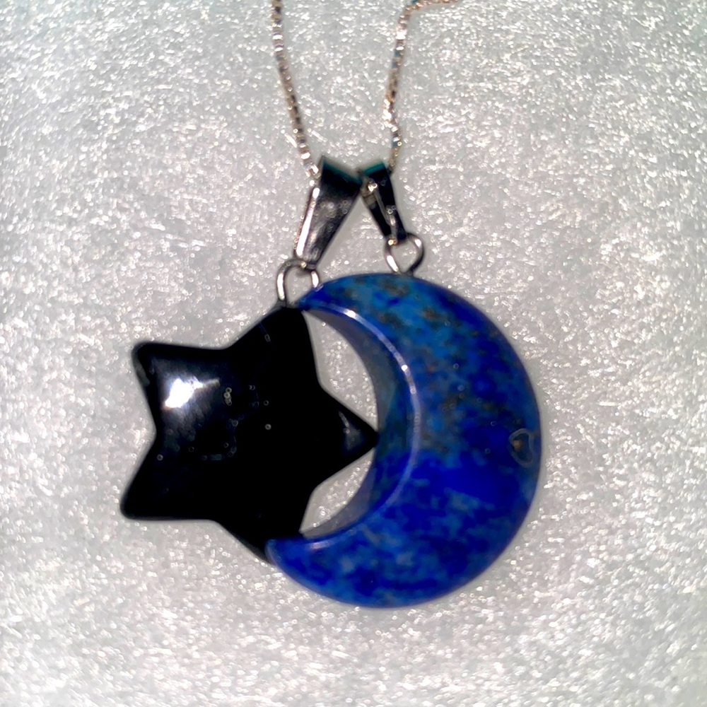 Boho hippie Blue Lapis Lazuli Moon 🌙 and onyx Star ⭐️ Sterling Silver Necklace
